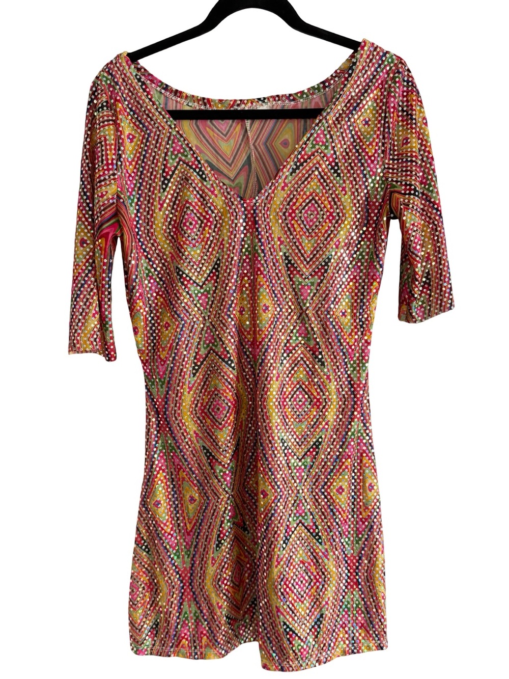 Y2K Disco Dolly Psychedelic Sparkle Mini Dress Go Go Festival Medium